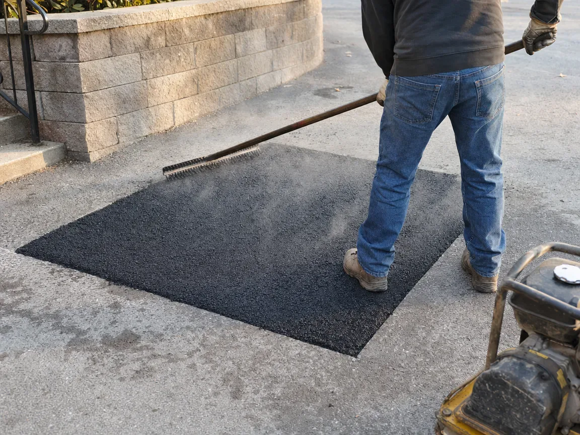 Worker compacting fresh hot-mix asphalt into a patch repair on a driveway