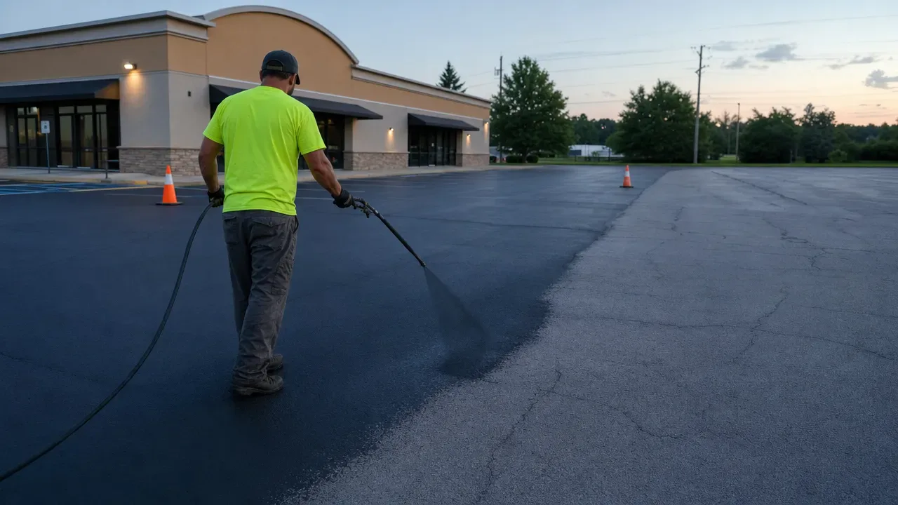 Worker spray-applying sealer to a commercial parking lot at dusk in Ottawa