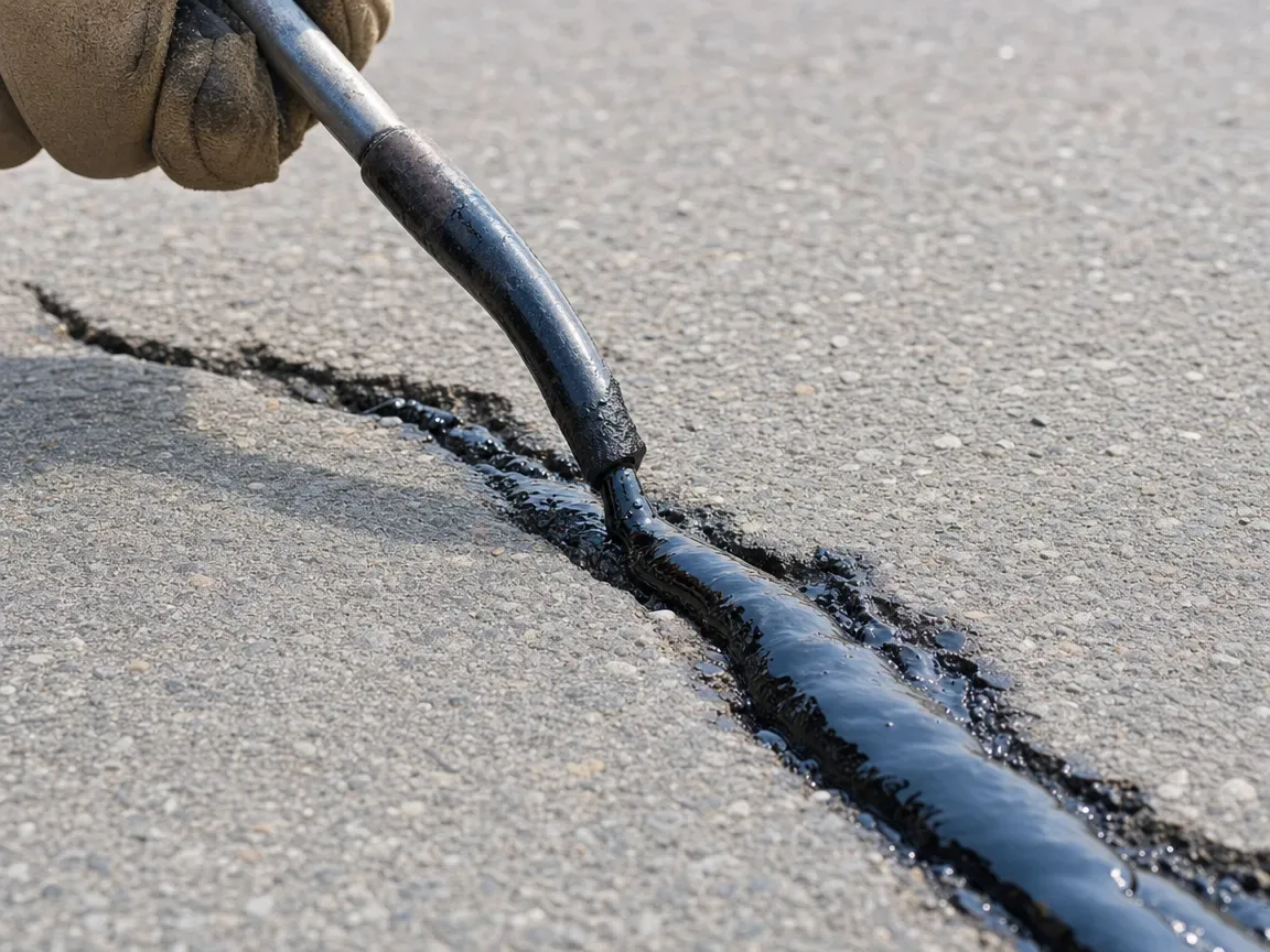 Hot rubberized crack sealant being poured into a crack on an asphalt driveway