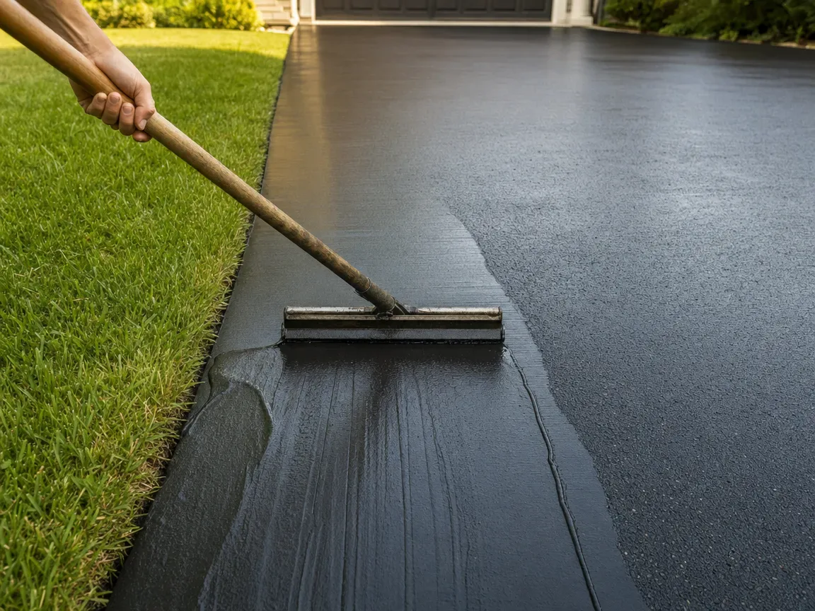 Squeegee spreading fresh black asphalt sealer across a residential driveway