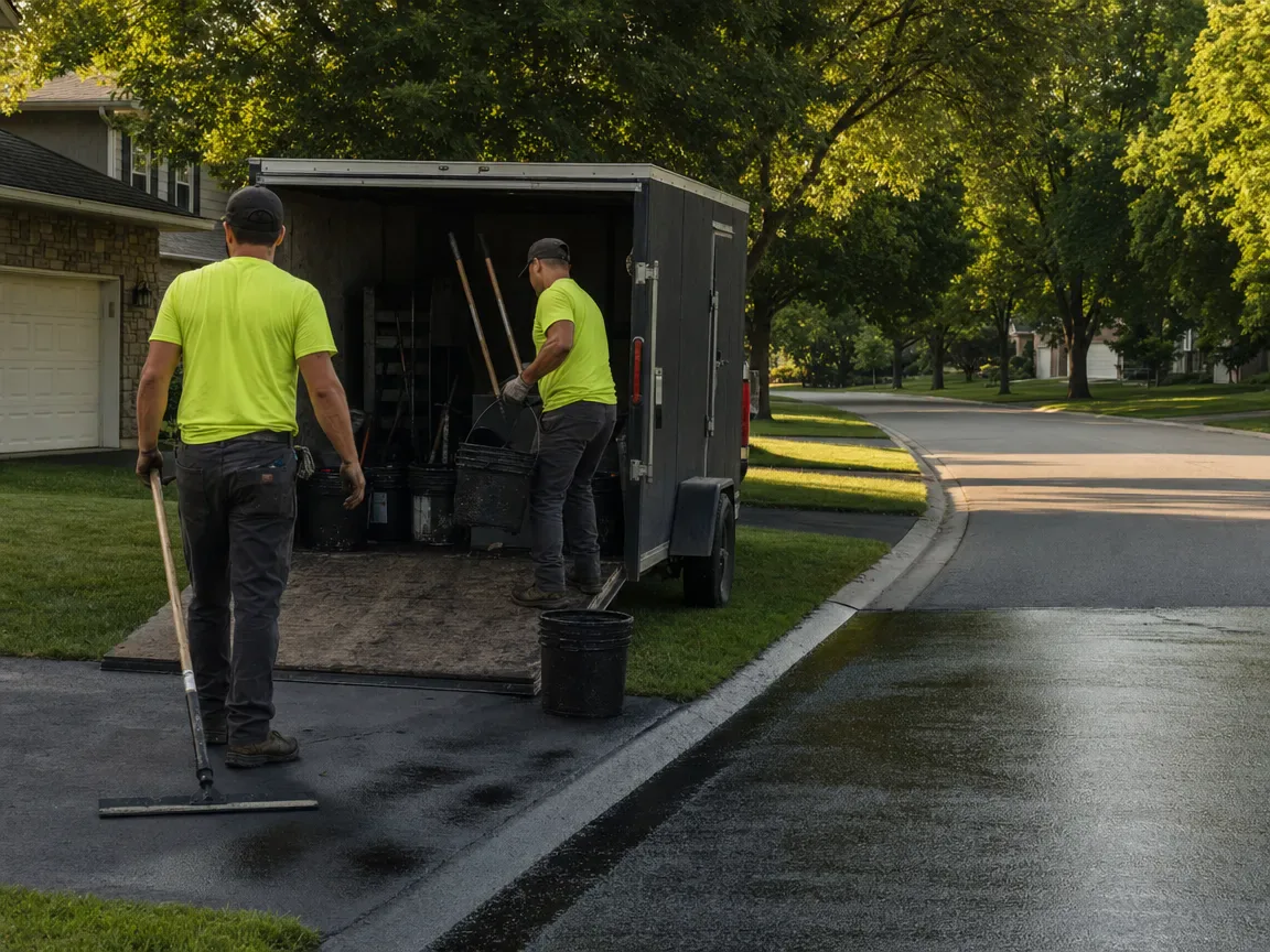 Rideau Sealcoating crew loading equipment by their trailer on an Ottawa street