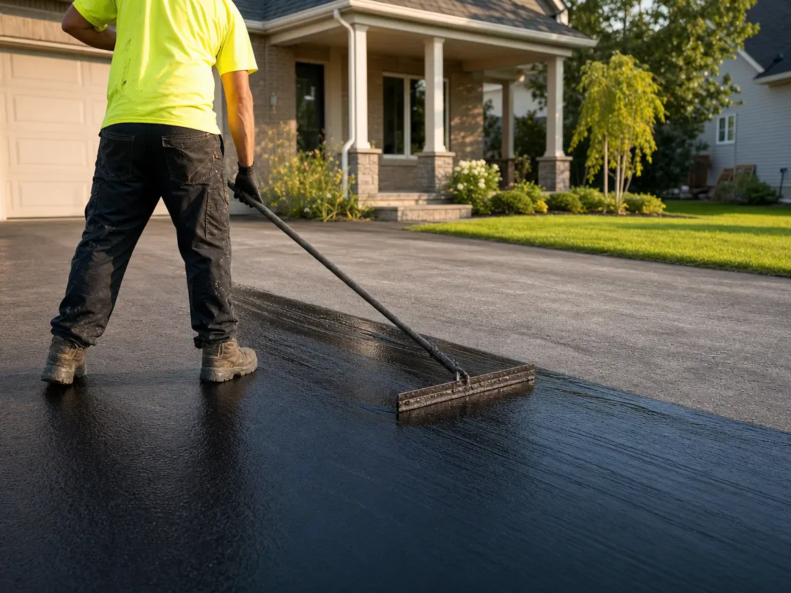 Sealcoating worker applying glossy black asphalt sealer with a squeegee across a residential driveway in Ottawa
