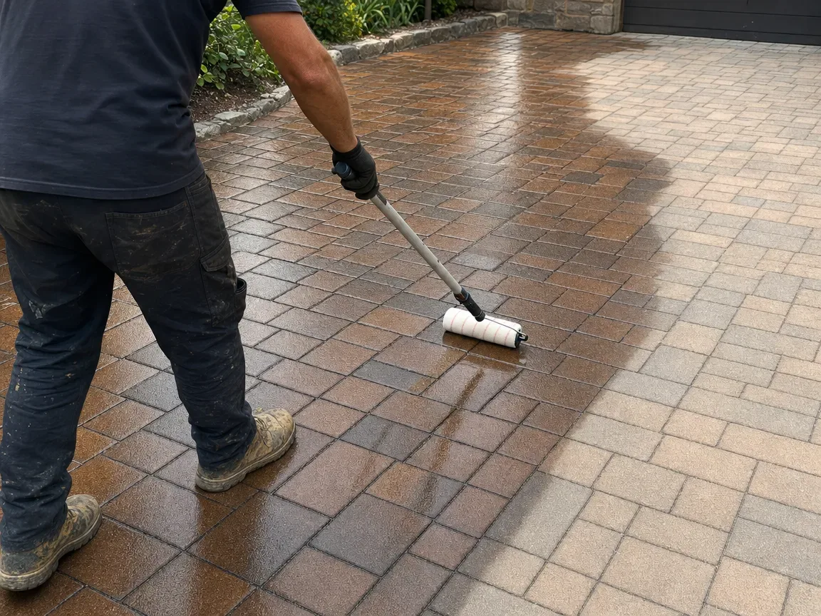 Worker applying wet-look sealer to an interlock brick paver driveway