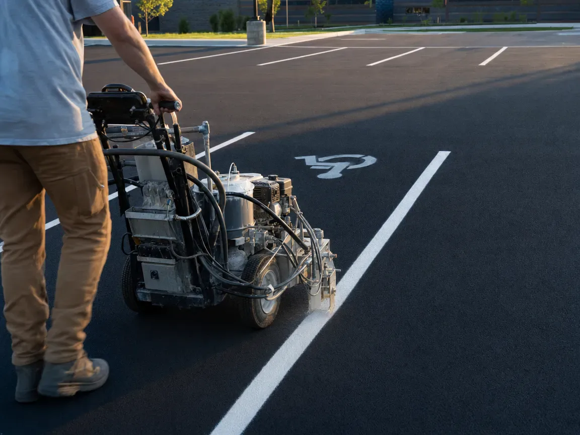 Line-striping machine painting crisp white parking lot lines on fresh black asphalt